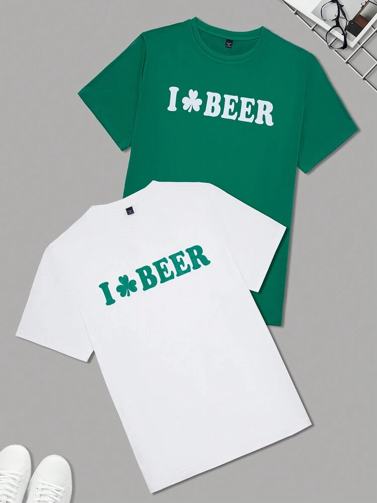 2pcs Men's Plus Size Clover & Letter Print Short Sleeve Round Neck T-Shirt