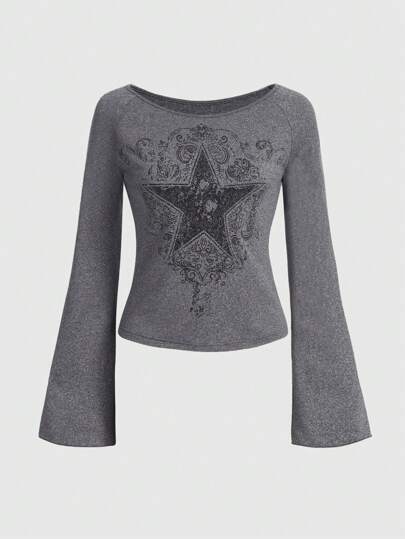 Fairycore T-shirt Imprimé Étoile À Manche Évasée