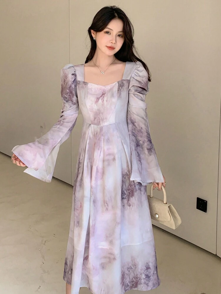 Tie Dye Sweetheart Neck Flounce Sleeve Dress, Fall Dress Long Sleeve Dress