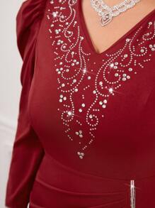 Modelyn Burgundy Red Plus Size Women's Puff Long Sleeve Dress With Rhinestones - Burgundy - View 7