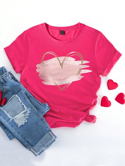Camiseta de manga corta con cuello redondo y estampado de corazones rosas, camiseta de verano para mujeres, blusas gráficas para mujeres