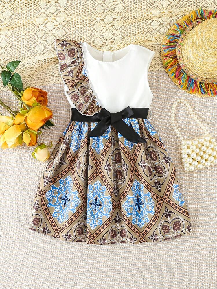 Young Girl's Style Floral Printed Patchwork Asymmetric Ruffled Sleeveless Dress With Belt For Summer
