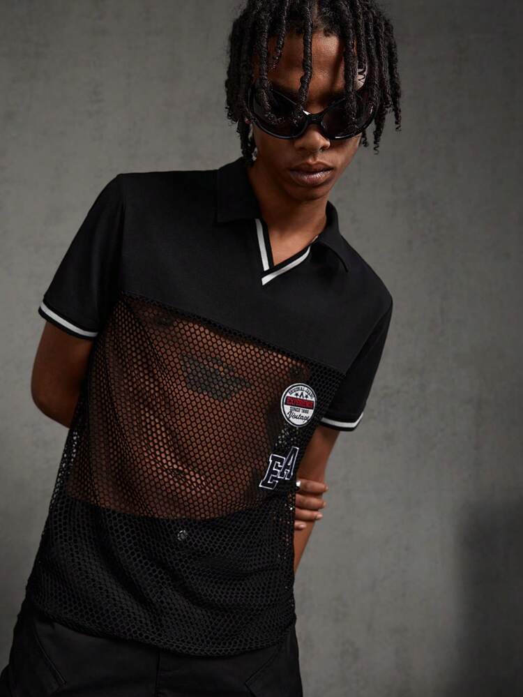 Men's Knitted Casual Polo Shirt With Mesh & Badge Detail
