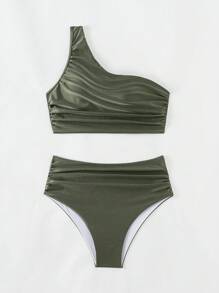 Swim Chiccia Women's Solid Color Asymmetrical Crop Top And Ruched Bottom Bikini Set, For Summer Beach, Travel, Vacation, Swimming Pool - Army Green - View 5
