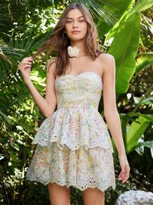 Enchnt Vestido De Bandeau Para Mujer Con Diseño Tie-dye Y Flores Quemadas Bordadas Con Dobladillo Con Volantes - Verde - Ver 2