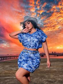 SHEIN SXY Plus Size Spring/Summer Music Festival Patchwork Printed Drawstring Short Sleeve Top And Midi Skirt