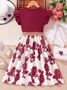 SHEIN Tween Girl Floral Print Ruffle Trim Belted Dress