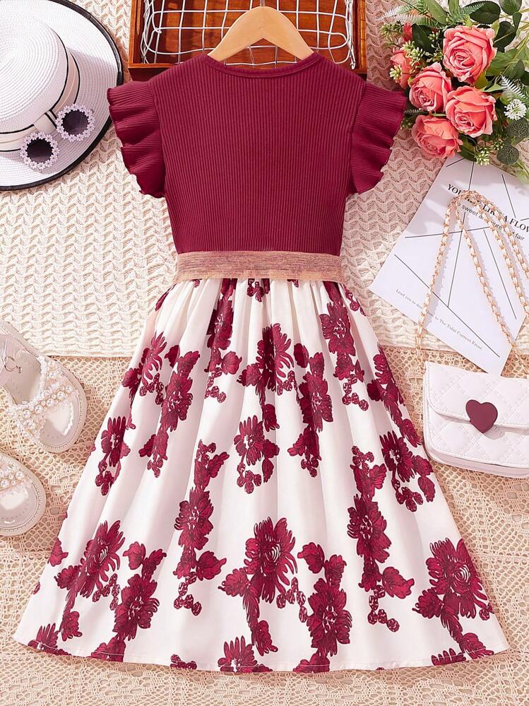 SHEIN Tween Flicka Blommigt Mönster Kant med Volanger Klänning med Bälte - Rött och Vitt - Visa 2