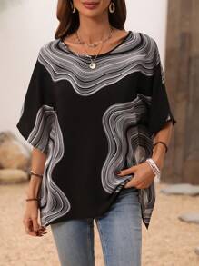 EMERY ROSE Women's Round Neck Striped Batwing Sleeve Shirt - Black - View 5