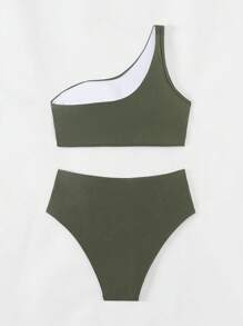 Swim Chiccia Women's Solid Color Asymmetrical Crop Top And Ruched Bottom Bikini Set, For Summer Beach, Travel, Vacation, Swimming Pool - Army Green - View 2