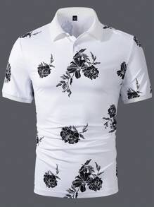 Manfinity Homme 男款花卉印花短袖POLO衫，鈕扣衣領多彩度假款式 - 白色 - 查看 6
