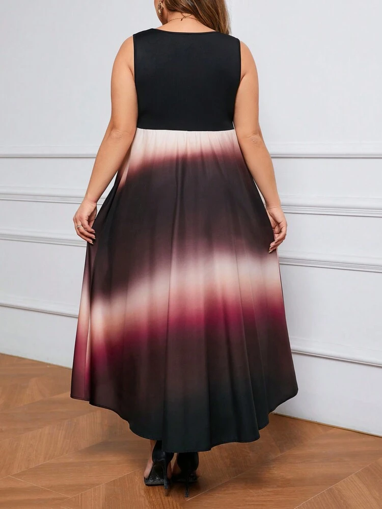 Plus Size Ombre Printed Patchwork Asymmetrical Hem Dress