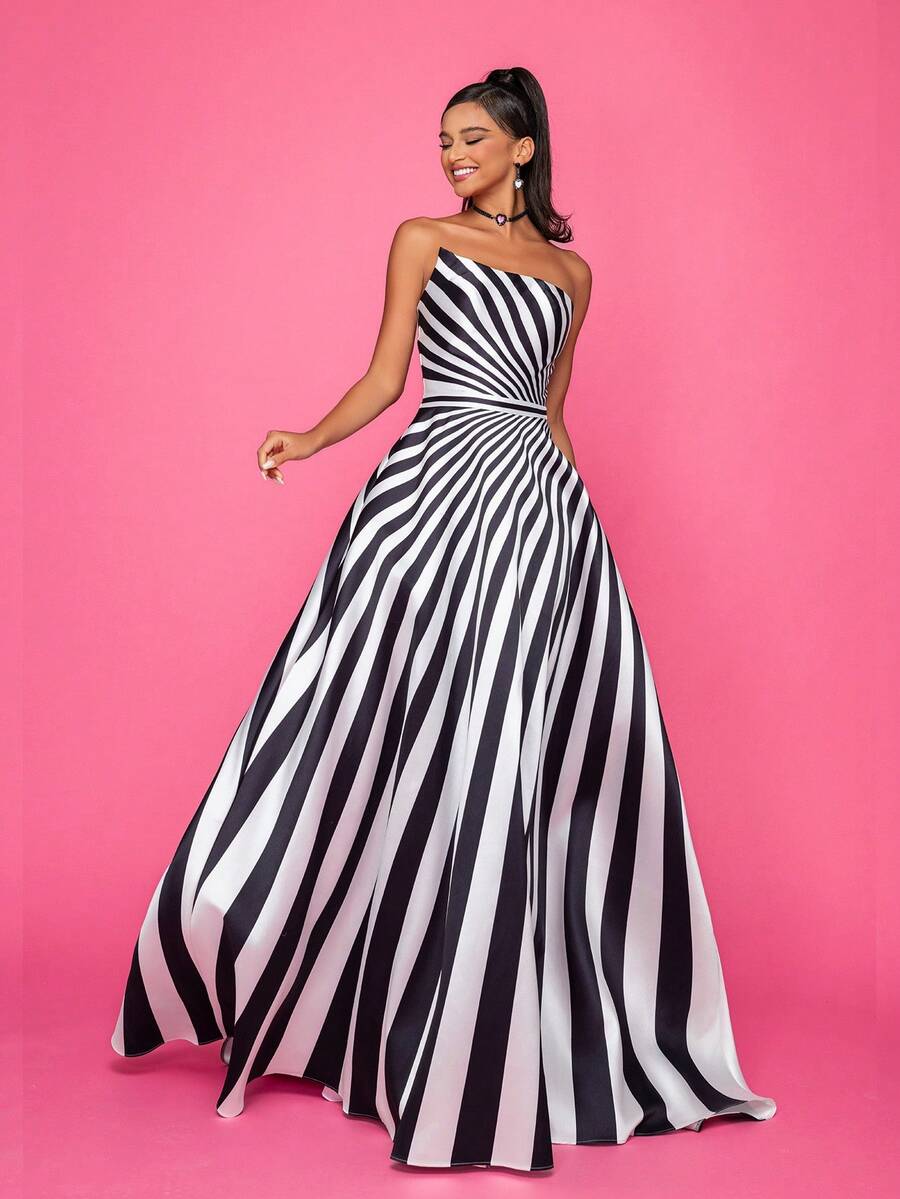 High-End Black & White Striped Sleeveless Formal Evening Dress Elegant Prom Wedding Guest Gown, For Graduation, Dinner - Black and White - View 1