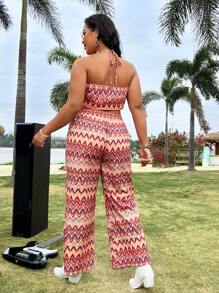 Flirla Plus Size Women's Wave Stripe Print Tie Front Halter Neck Tank Top And High Waisted Wide Leg Pants Set - Multicolor - View 3