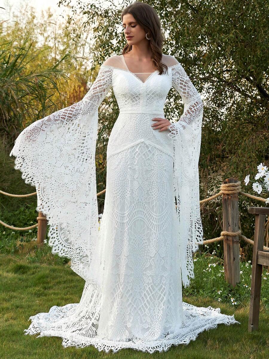 婚禮禮服洛可可風格長袖大尺碼蕾絲海灘婚紗,波希米亞風格婚禮禮服 - 米色 - 查看 1