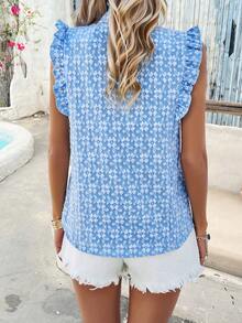SHEIN VCAY Áo sơ mi nữ cài nút vải Jacquard viền bèo nhún - Màu xanh lam - Xem 2