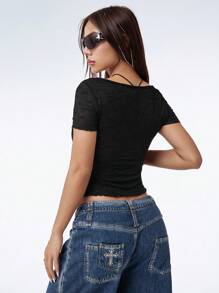 SHEIN Unity Women's Black Textured Mesh Bow Tie-Up V Neck Short Sleeve Sexy Tee, Versatile - Black - View 2