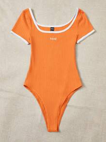 SHEIN EZwear Women's Letter Print Square Neckline Short Sleeve Bodysuit - Orange - View 5