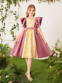 SHEIN Vestido de jacquard tejido para niña adolescente con bordado de parches de diferentes colores y volantes en el dobladillo, con cintura elástica - Rosa vieja - Ver 3