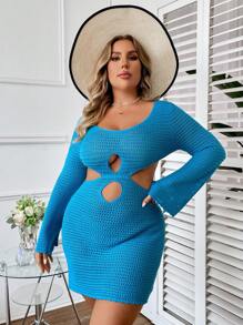 Flirla 大尺碼女士藍色空洞開花鈴袖毛衣連衣裙 - 藍色 - 查看 3