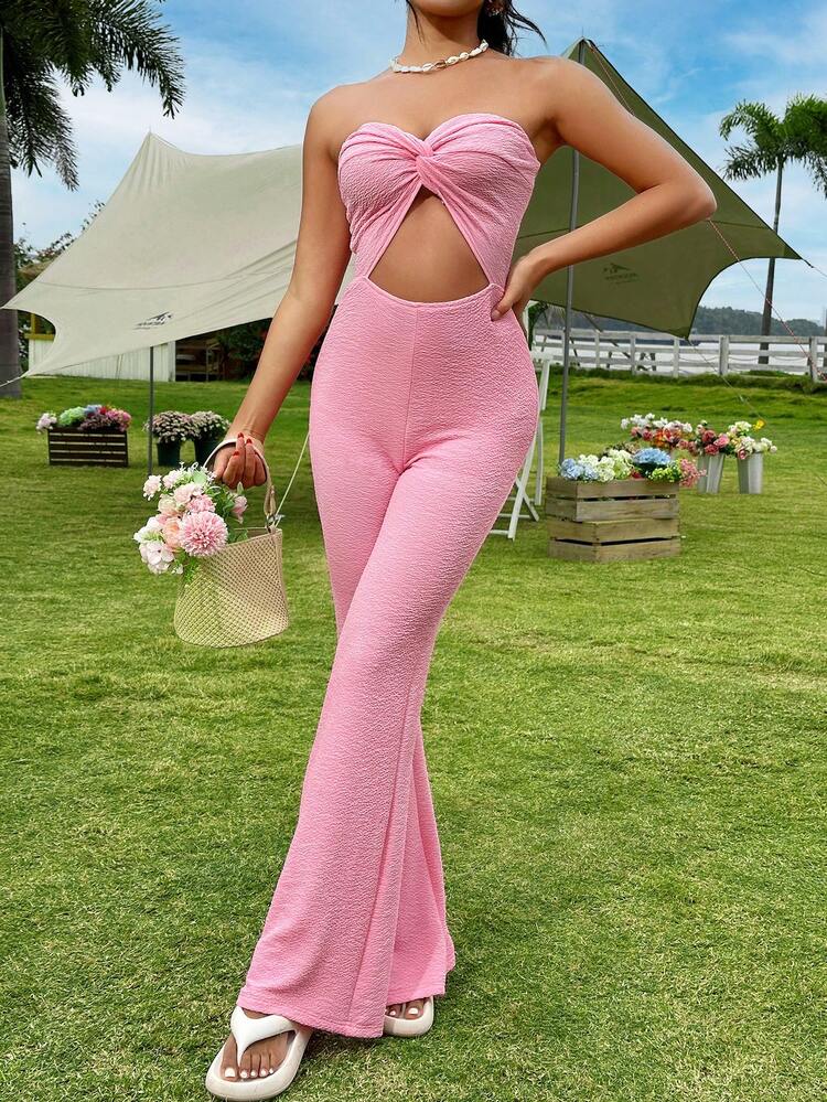 Solid Color Hollow Out Twist Front Strapless Jumpsuit