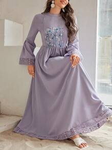 Mulvari Women'S Floral Embroidery Lace Patchwork Waist-Cinching Dress Eid Dress - Dusty Purple - View 1