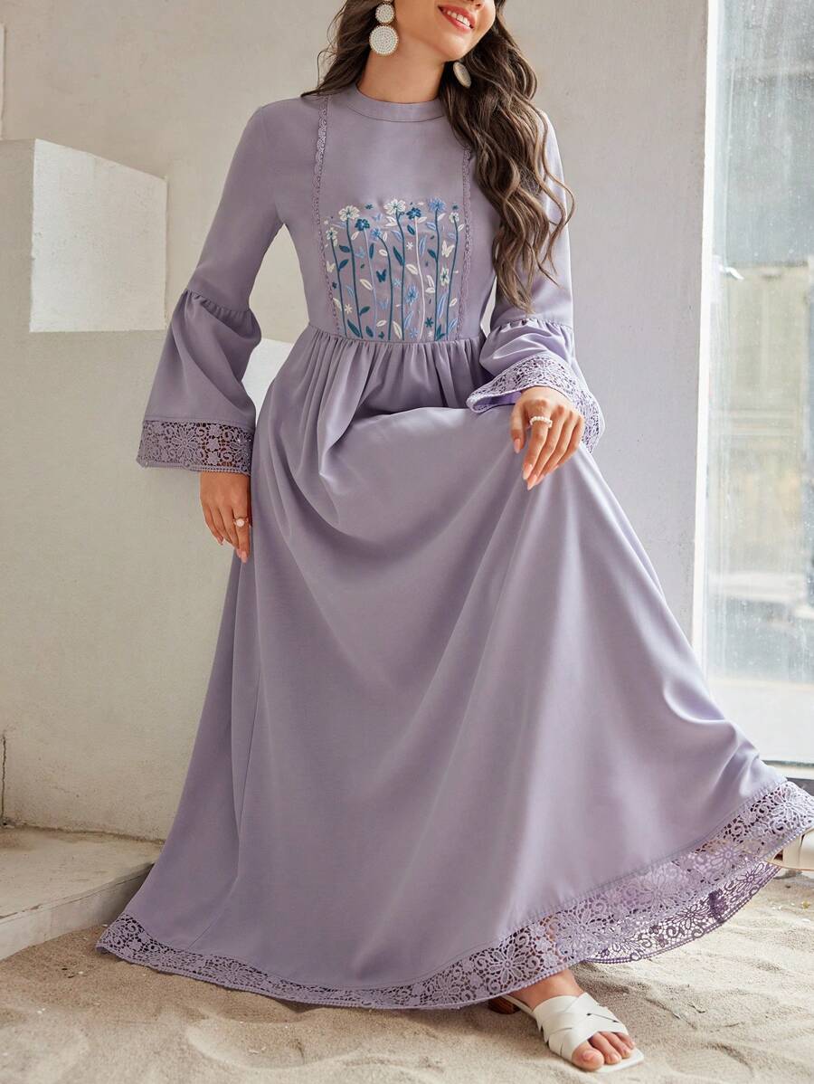 Mulvari Women'S Floral Embroidery Lace Patchwork Waist-Cinching Dress Eid Dress - Dusty Purple - View 1