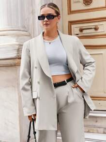 EURMUSE Plus Shawl Collar Double Breasted Blazer & Pants - Apricot - View 3