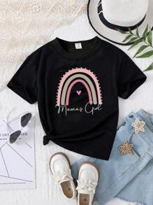 SHEIN 年輕女孩的可愛彩虹標語短袖t恤 - 黑色 - 查看 1