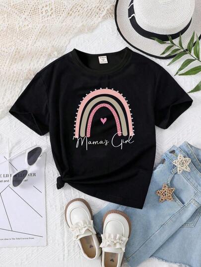 SHEIN 年輕女孩的可愛彩虹標語短袖t恤