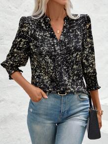 SHEIN Clasi Full Print Notch Collar Shirt - Black - View 1