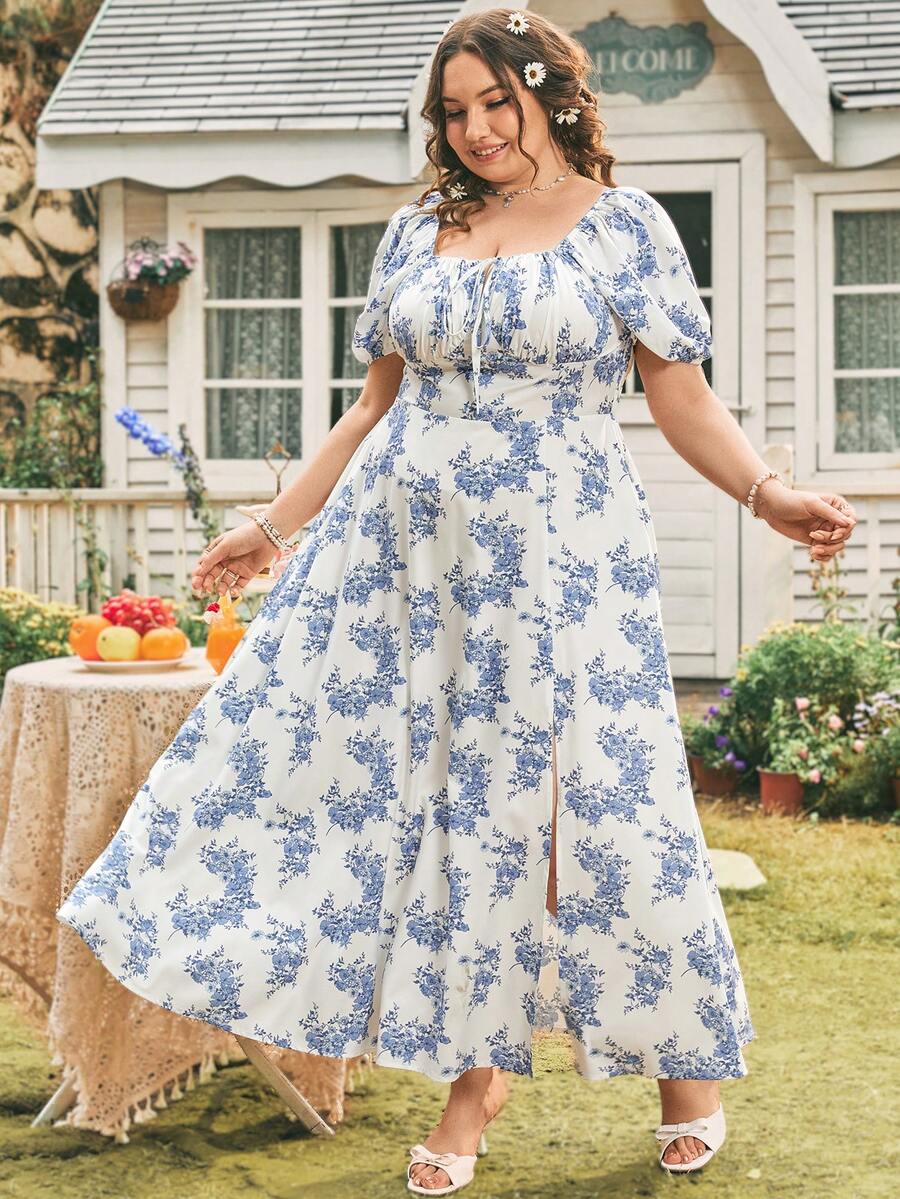 Dreamara 加大碼浪漫鄉村藍色花卉印花氣泡袖開叉連衣裙，沐浴夏日海灘假期氛圍 - 彩色 - 查看 1