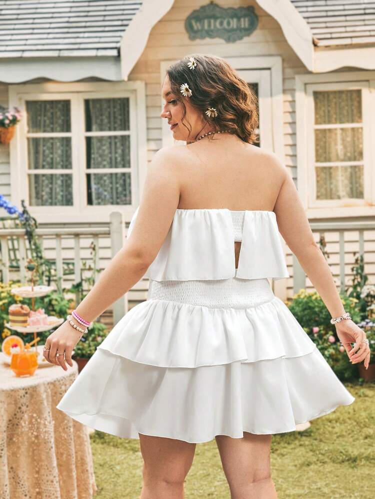 Plus Size Plain Bandeau Top & Ruffle Hem Knee Length Skirt With Gathered Waist