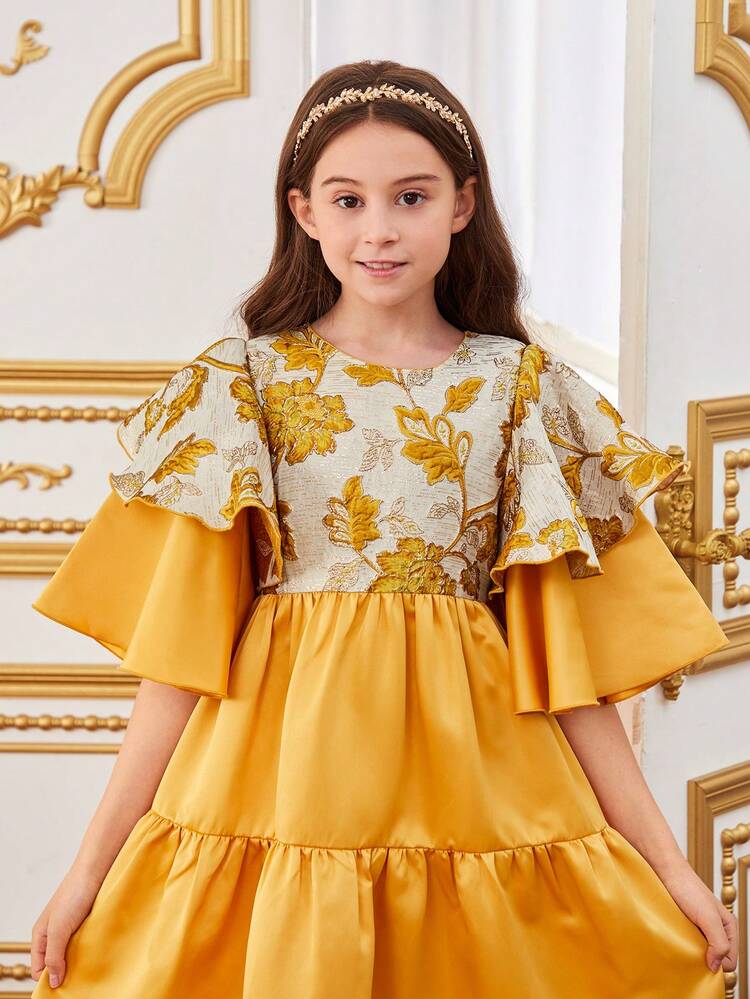 Tween Girls' Adorable Jacquard Contrast Two-Layered Ruffle Sleeve Long Layered Dress