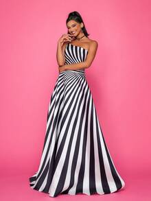 High-End Black & White Striped Sleeveless Formal Evening Dress Elegant Prom Wedding Guest Gown, For Graduation, Dinner - Black and White - View 5