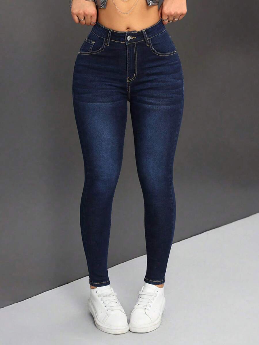SHEIN PETITE Slim Fit Casual Jeans - Dark Wash - View 1