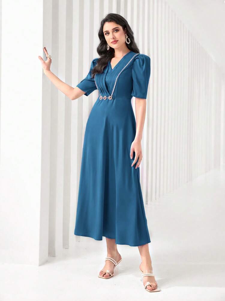 Women's Diamond Decorated Pleated Bubble Sleeve Dress