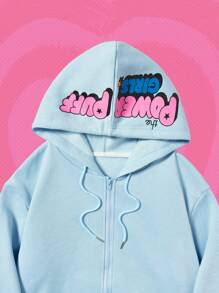 The Powerpuff Girls | ROMWE Áo hoodie trễ vai họa tiết hoạt hình, trường học - Màu xanh nhạt - Xem 2