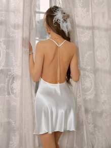 仿珍珠链设计缎面领口吊带睡衣睡衣连衣裙 - 白色 - 查看 3