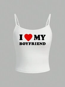SHEIN EZwear Casual Heart & Letter Print Sexy Camisole Tank Top For Women, Summer - White - View 1