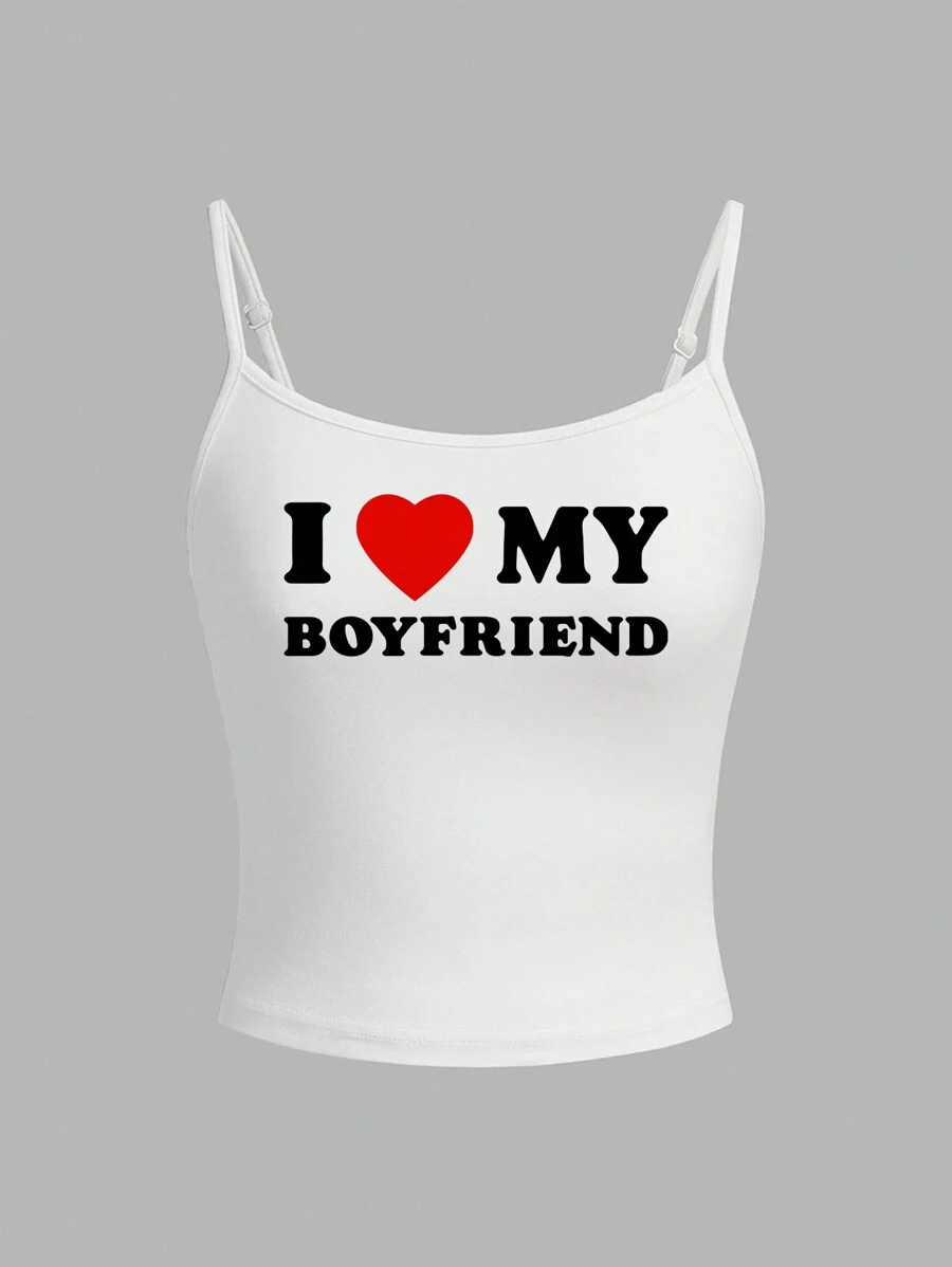 SHEIN EZwear Casual Heart & Letter Print Sexy Camisole Tank Top For Women, Summer - White - View 1