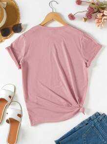 Pink Heart Pattern Round Neck Short Sleeve T-Shirt Graphic Tees Women Tops - Dusty Pink - View 2