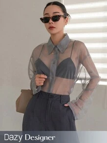 Dazy Designer Women's See-Through Long Sleeve Top With Collar And Unique Design - Grey - View 1