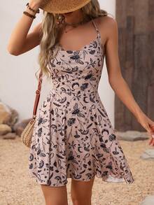 Vestido Informal Para Mujeres Con Estampado De Planta Oscura Y Diseño Gótico Con Cintura Ajustable De Corbata Y Cuello Halter En A