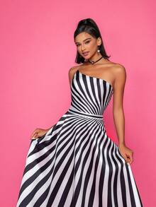 High-End Black & White Striped Sleeveless Formal Evening Dress Elegant Prom Wedding Guest Gown, For Graduation, Dinner - Black and White - View 6