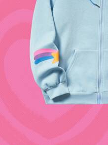 The Powerpuff Girls | ROMWE Áo hoodie trễ vai họa tiết hoạt hình, trường học - Màu xanh nhạt - Xem 3