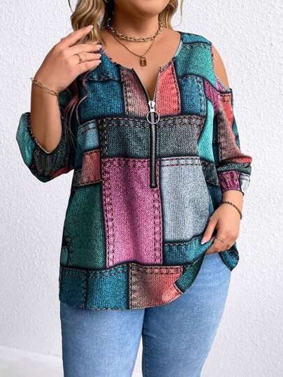 EMERY ROSE Plus Size Denim Effect Zip Front Shirt