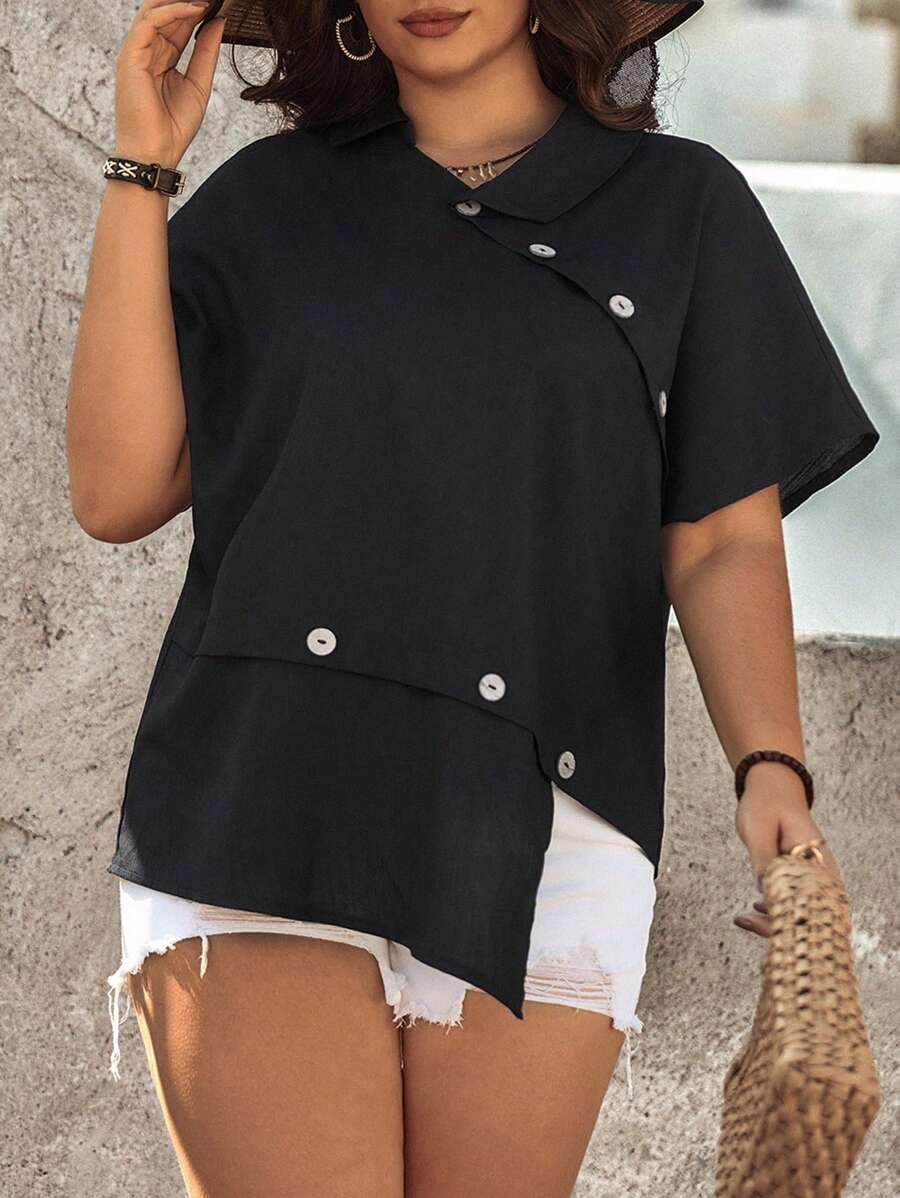 SHEIN LUNE Kích thước lớn Màu thuần Viền không đối xứng Áo sơ mi - màu đen - Xem 1