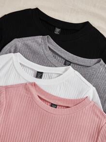 SHEIN EZwear 4pcs Màu thuần Dệt kim Ngắn tay - Nhiều màu - Xem 5