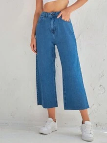 女性皺摺寬鬆牛仔膝蓋褲 - 中等水洗藍 - 查看 1